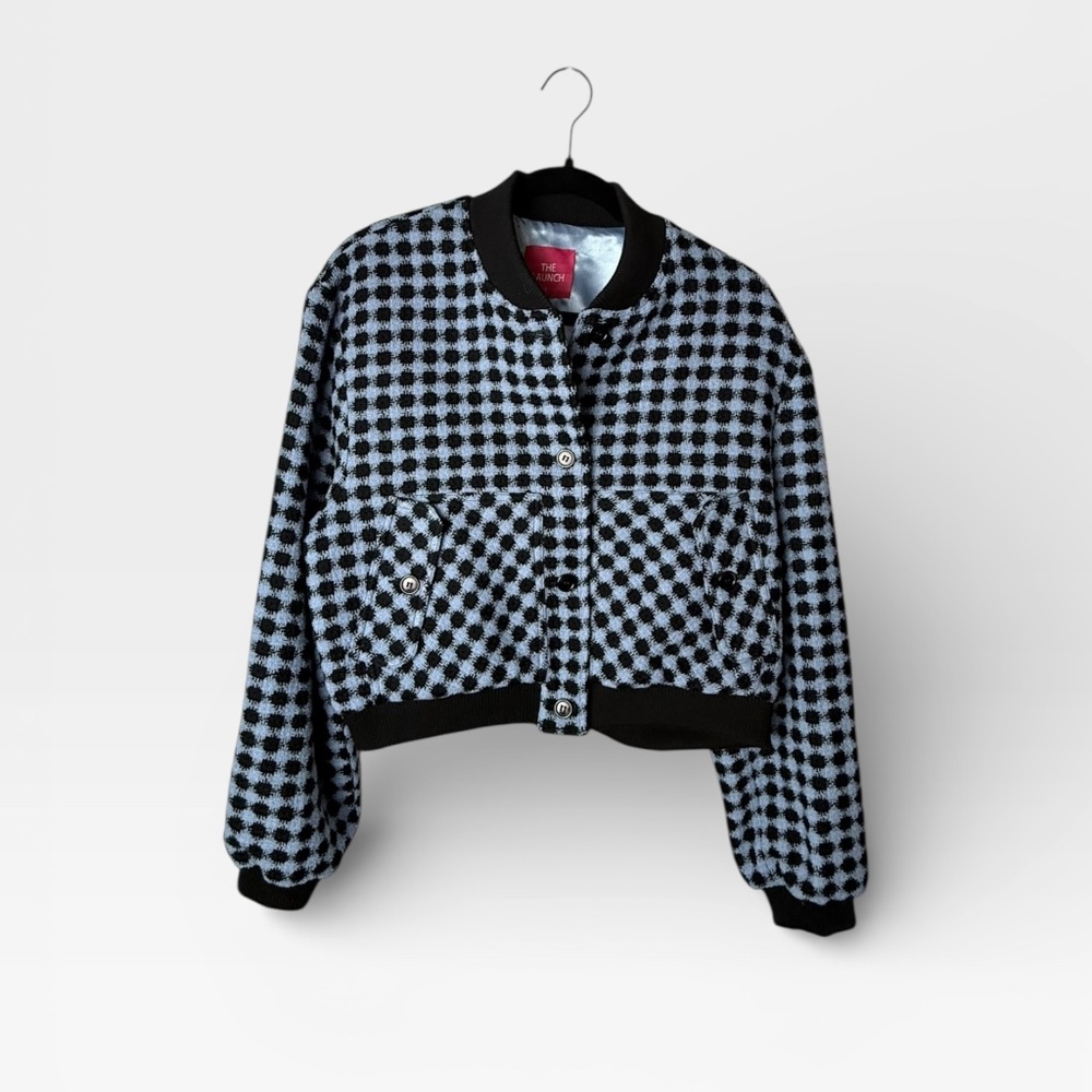 The Launch Size Large Black and Blue Checkered Button Down Cropped‎ Jacket (E)